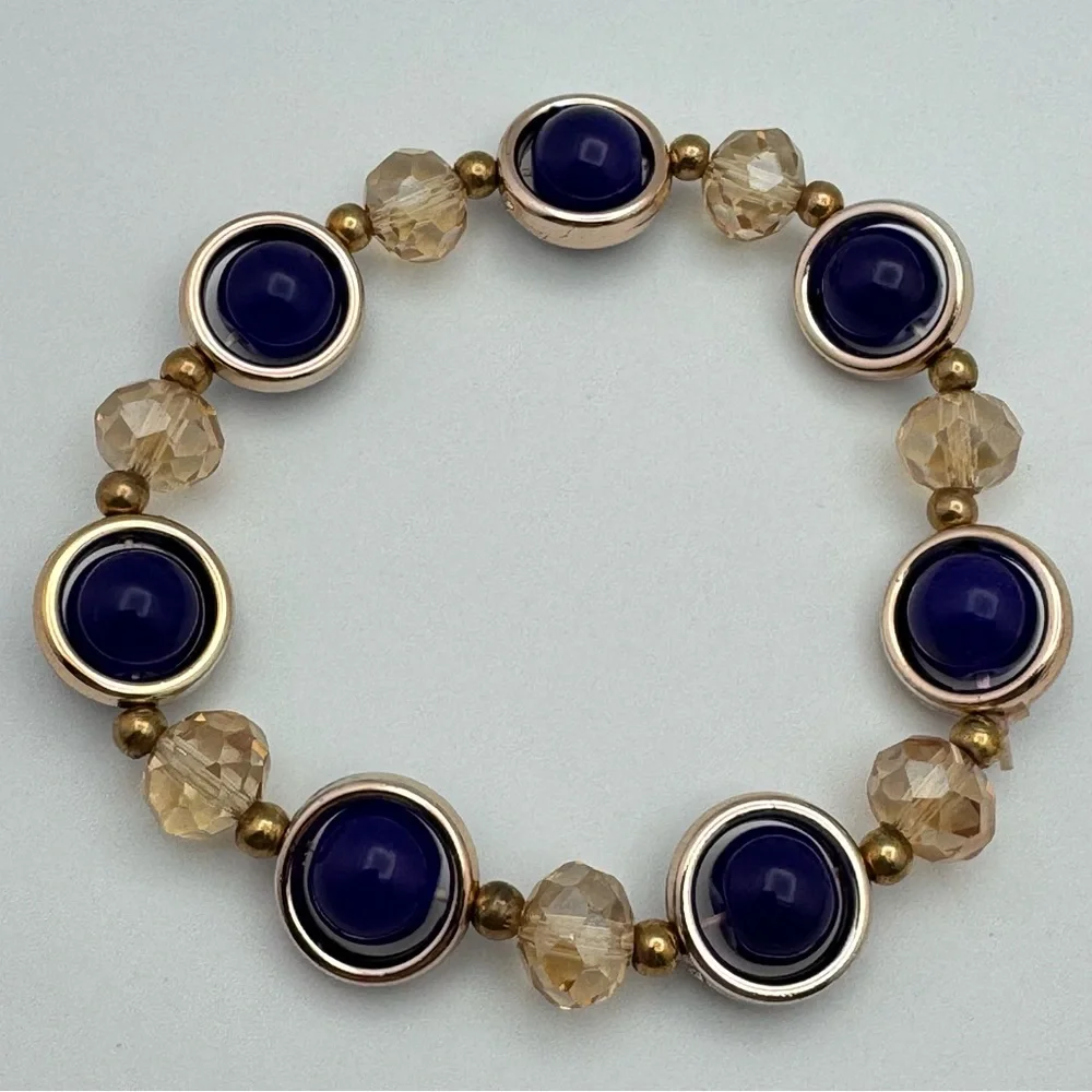 Blue Cabochon Stretch Bracelet Gold Tone Crystal Beaded Statement